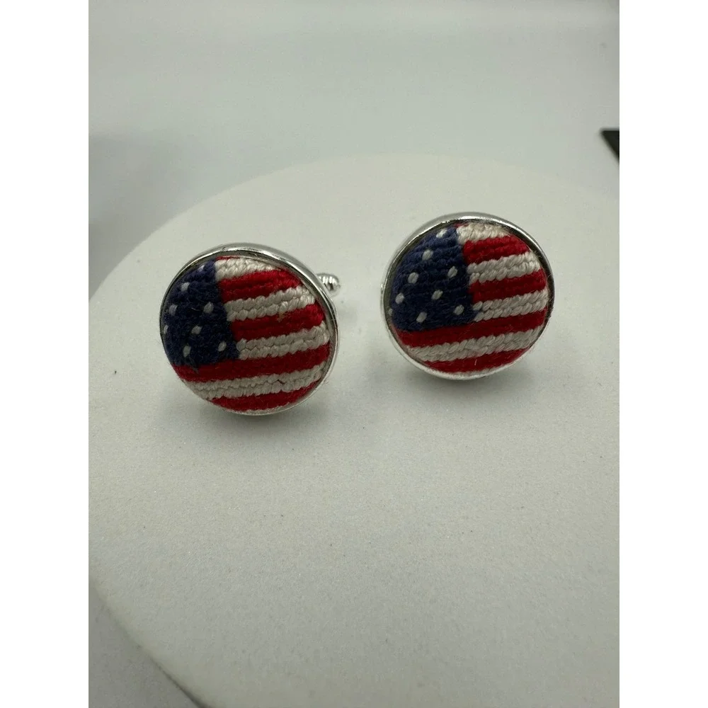 American Flag Needlepoint Cufflinks Silver Tone Patriotic USA Red White Blue